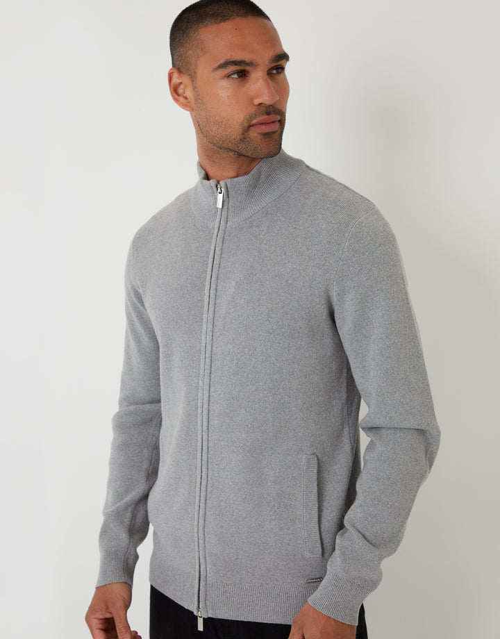Grey Knitted Zip Up Funnel Neck Cardigan