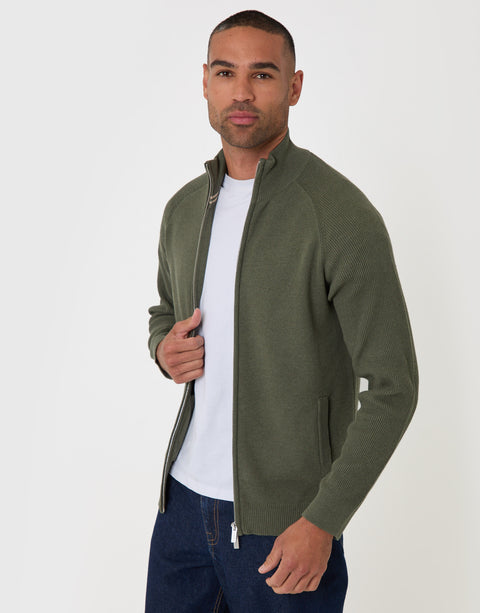 Threadbare Cotton Rich Funnel Neck Zip Through Sweatshirt in Khaki - front view
