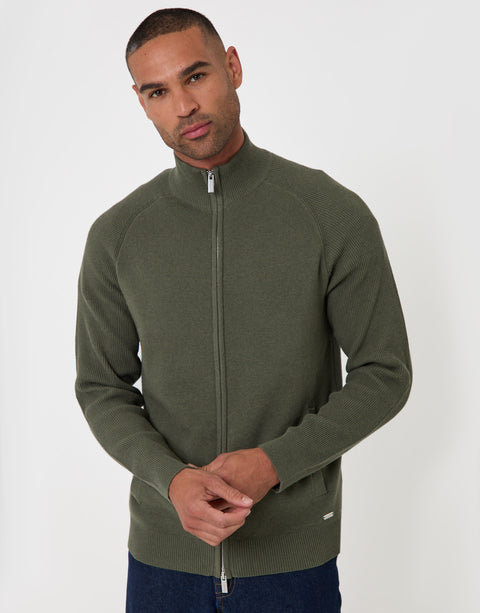 Threadbare Cotton Rich Funnel Neck Zip Through Sweatshirt in Khaki - front zipped up