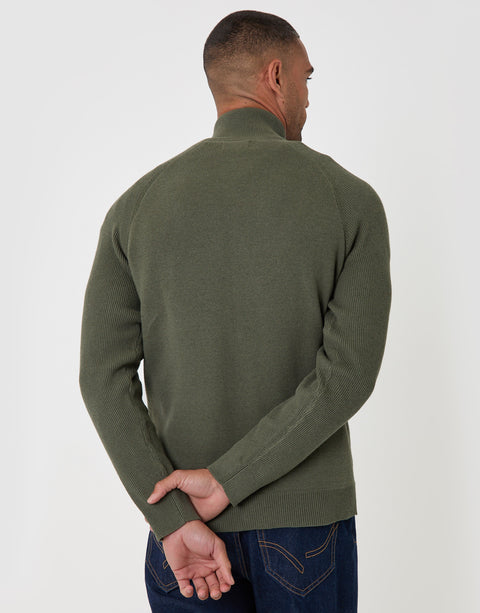 Threadbare Cotton Rich Funnel Neck Zip Through Sweatshirt in Khaki - back view