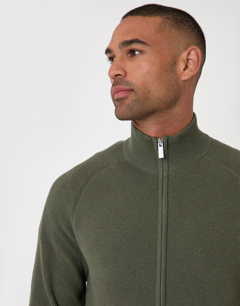 Threadbare Cotton Rich Funnel Neck Zip Through Sweatshirt in Khaki - close up