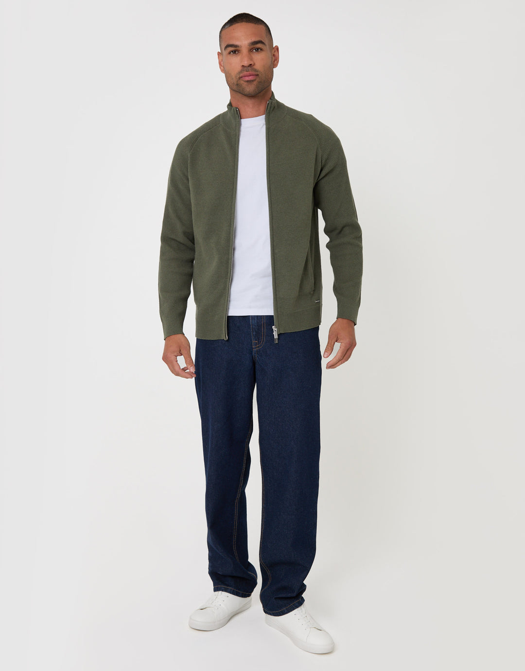 Threadbare Cotton Rich Funnel Neck Zip Through Sweatshirt in Khaki - full body