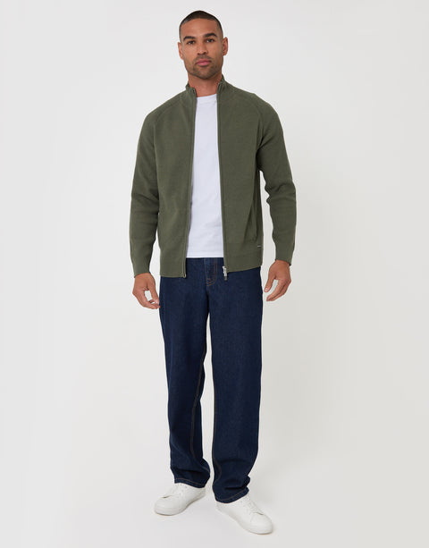 Threadbare Cotton Rich Funnel Neck Zip Through Sweatshirt in Khaki - full body