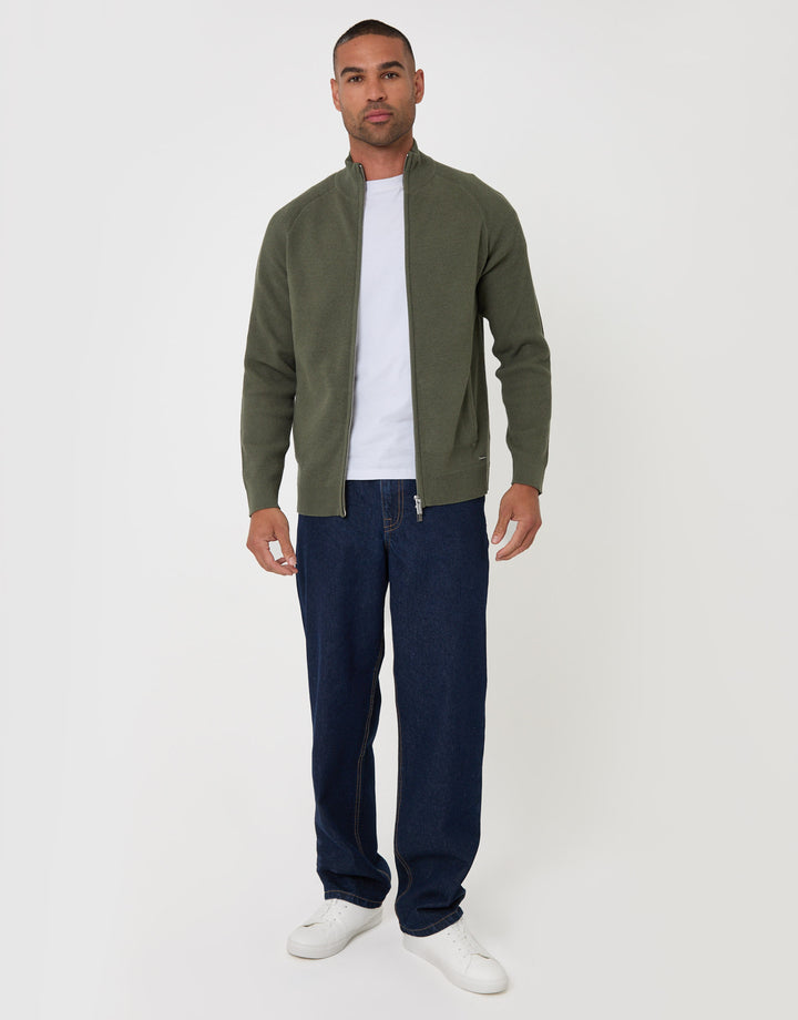 Threadbare Cotton Rich Funnel Neck Zip Through Sweatshirt in Khaki - full body