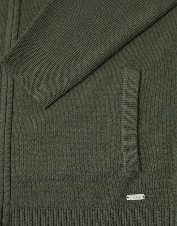 Threadbare Cotton Rich Funnel Neck Zip Through Sweatshirt in Khaki - detail