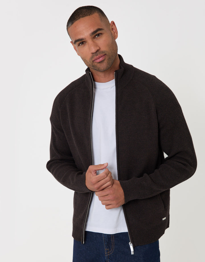 Threadbare Cotton Rich Funnel Neck Zip Through Sweatshirt in Chocolate Brown - front view unzipped