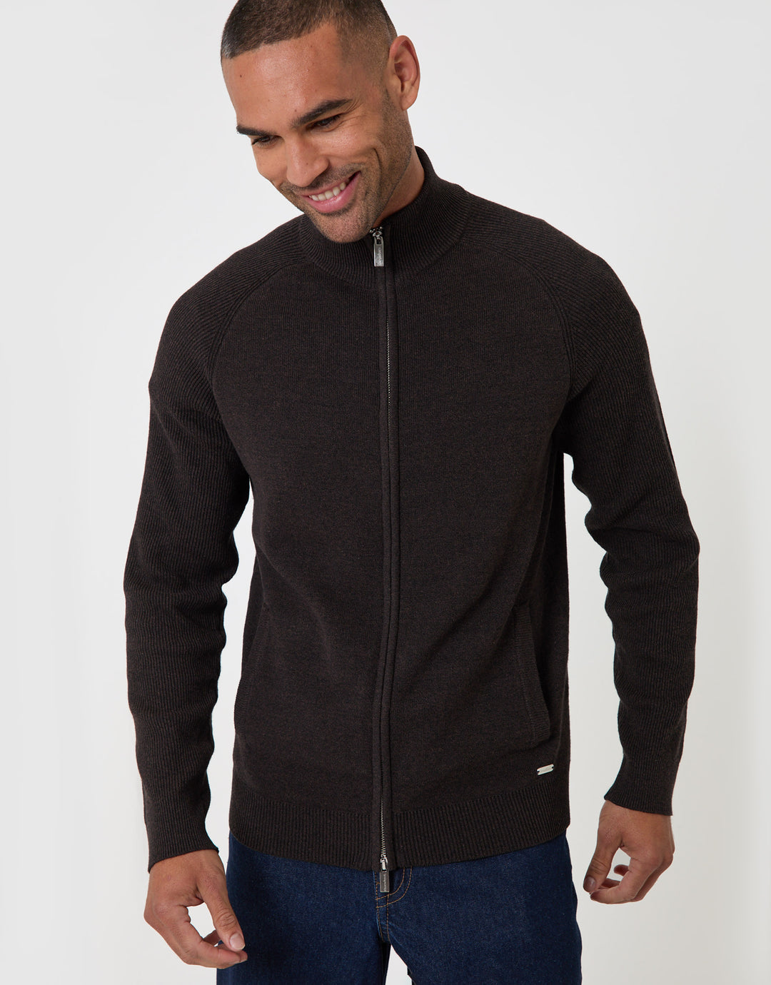 Threadbare Cotton Rich Funnel Neck Zip Through Sweatshirt in Chocolate Brown - front view zipped