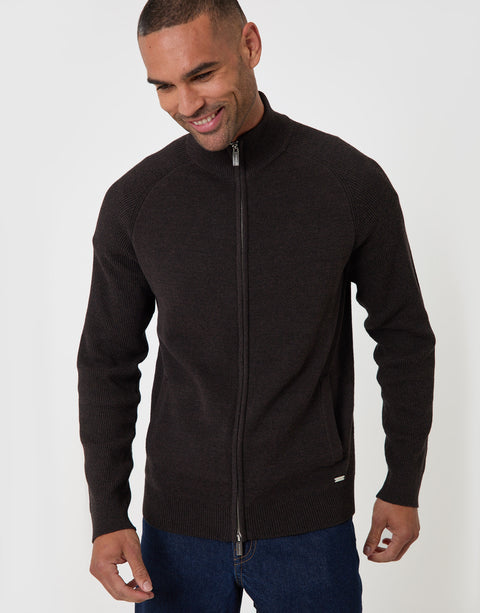 Threadbare Cotton Rich Funnel Neck Zip Through Sweatshirt in Chocolate Brown - front view zipped