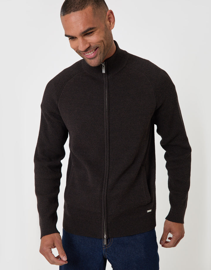 Threadbare Cotton Rich Funnel Neck Zip Through Sweatshirt in Chocolate Brown - front view zipped
