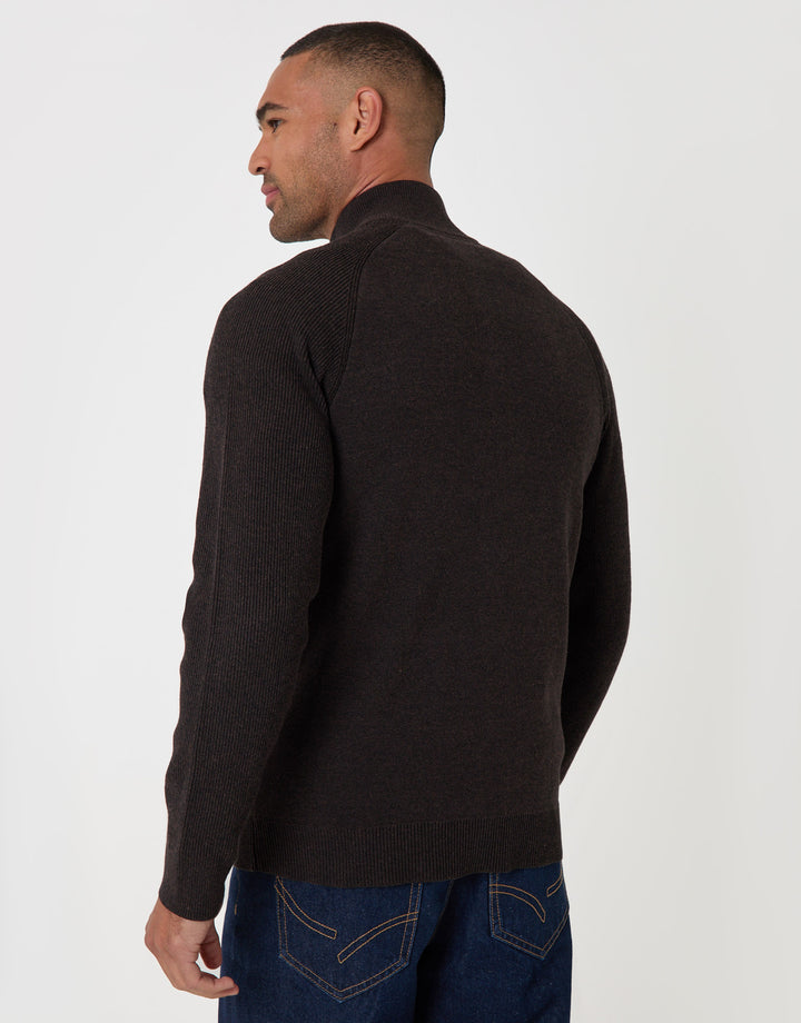 Threadbare Cotton Rich Funnel Neck Zip Through Sweatshirt in Chocolate Brown - back view
