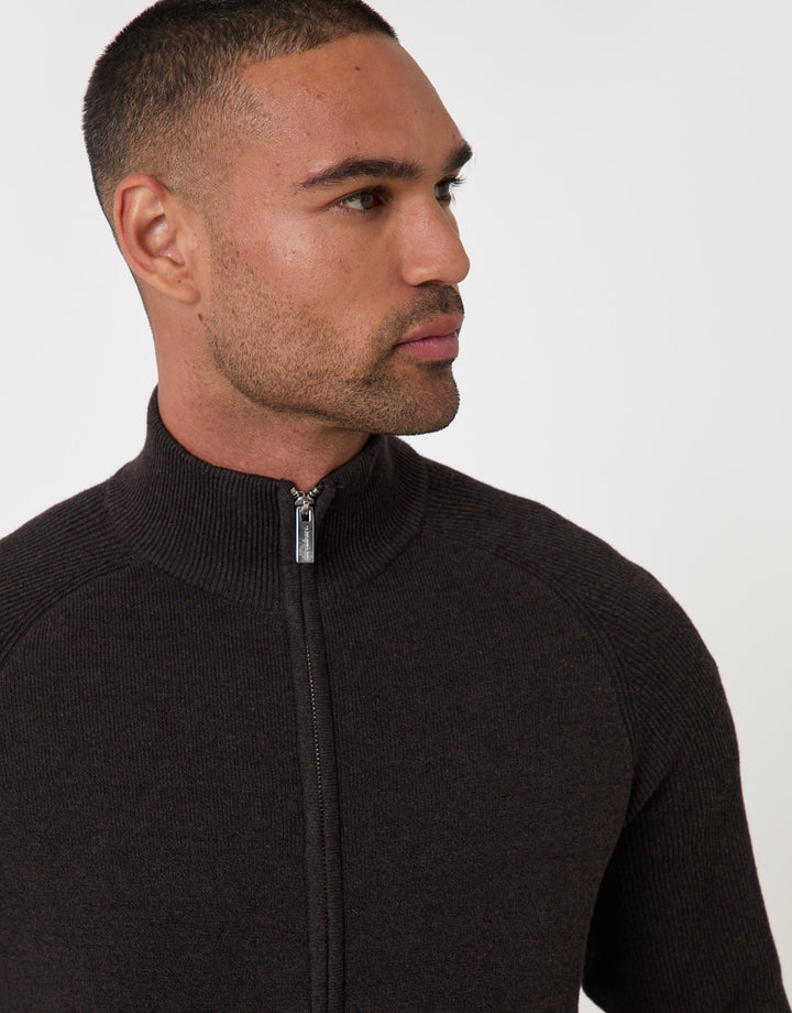 Threadbare Cotton Rich Funnel Neck Zip Through Sweatshirt in Chocolate Brown - close up