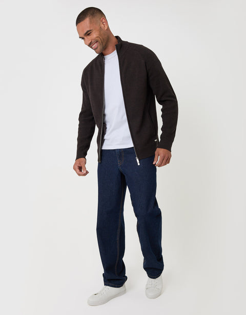 Threadbare Cotton Rich Funnel Neck Zip Through Sweatshirt in Chocolate Brown - full body
