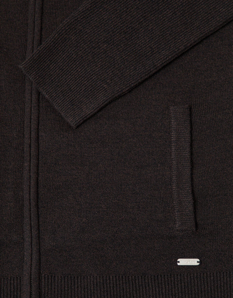 Threadbare Cotton Rich Funnel Neck Zip Through Sweatshirt in Chocolate Brown - close up