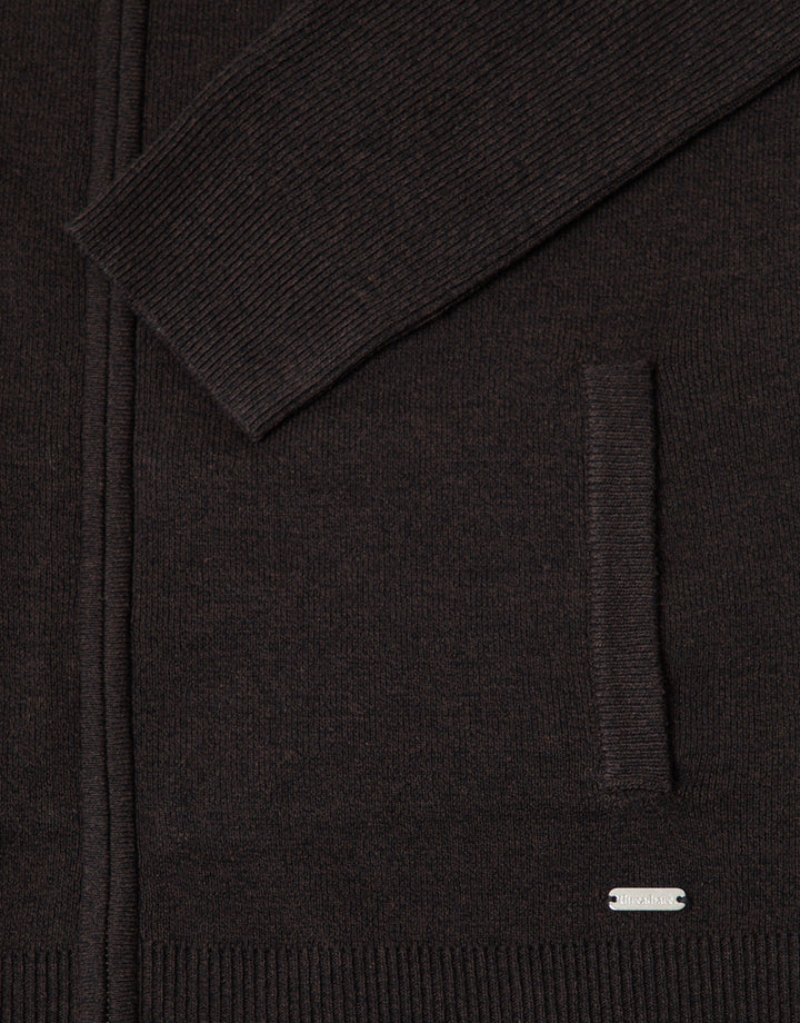 Threadbare Cotton Rich Funnel Neck Zip Through Sweatshirt in Chocolate Brown - close up