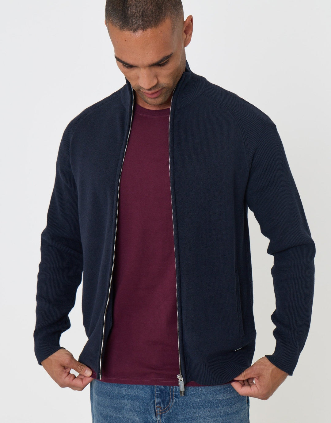Threadbare Knitted Zip Up Funnel Neck Cardigan in Navy - front view pose