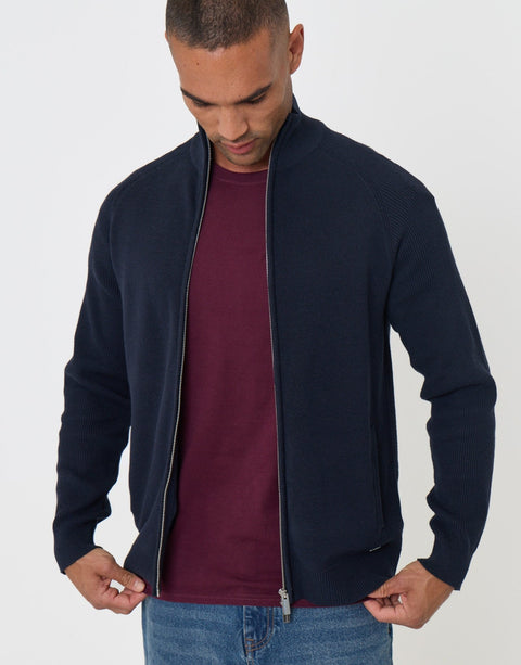Threadbare Knitted Zip Up Funnel Neck Cardigan in Navy - front view pose