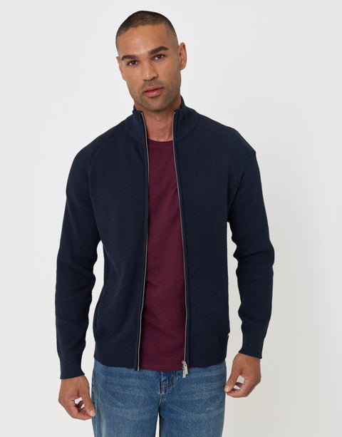 Threadbare Knitted Zip Up Funnel Neck Cardigan in Navy - front view unzipped