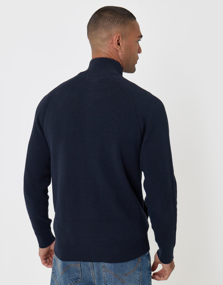 Threadbare Knitted Zip Up Funnel Neck Cardigan in Navy - back view