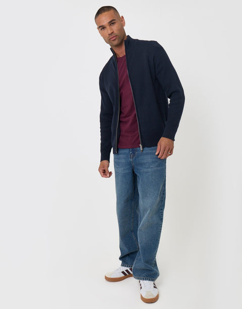 Threadbare Knitted Zip Up Funnel Neck Cardigan in Navy - full body