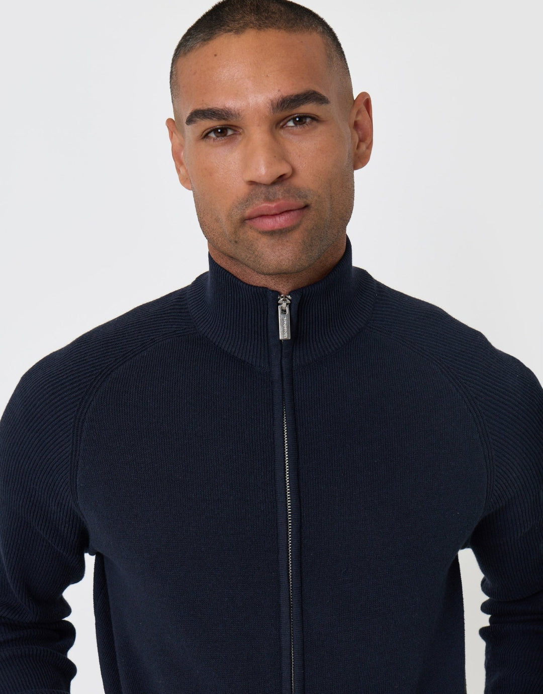 Threadbare Knitted Zip Up Funnel Neck Cardigan in Navy - close up
