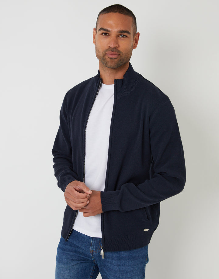 Navy Knitted Zip Up Funnel Neck Cardigan