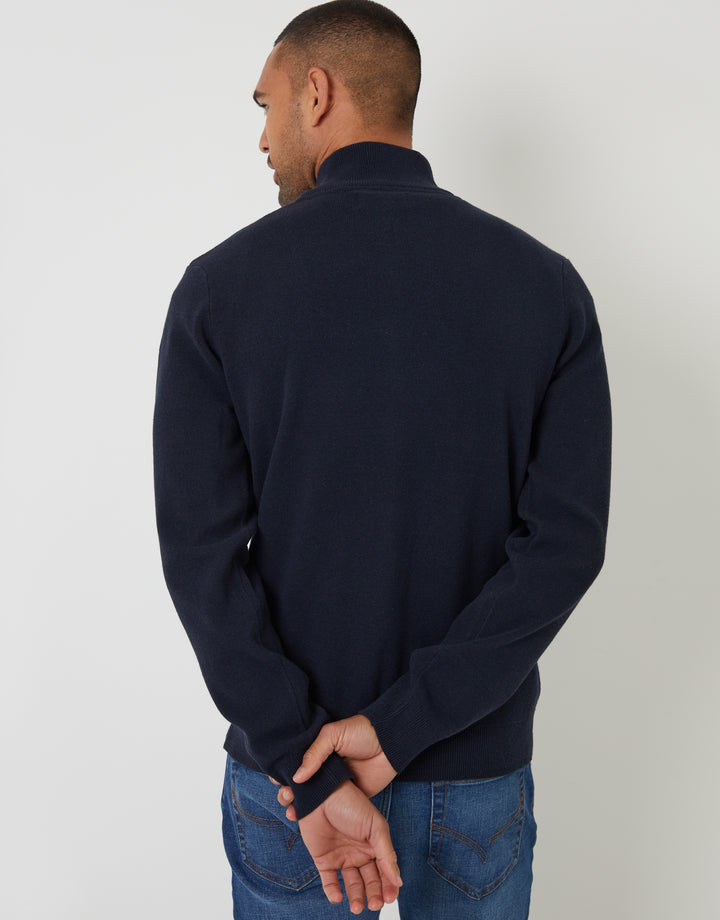 Navy Knitted Zip Up Funnel Neck Cardigan