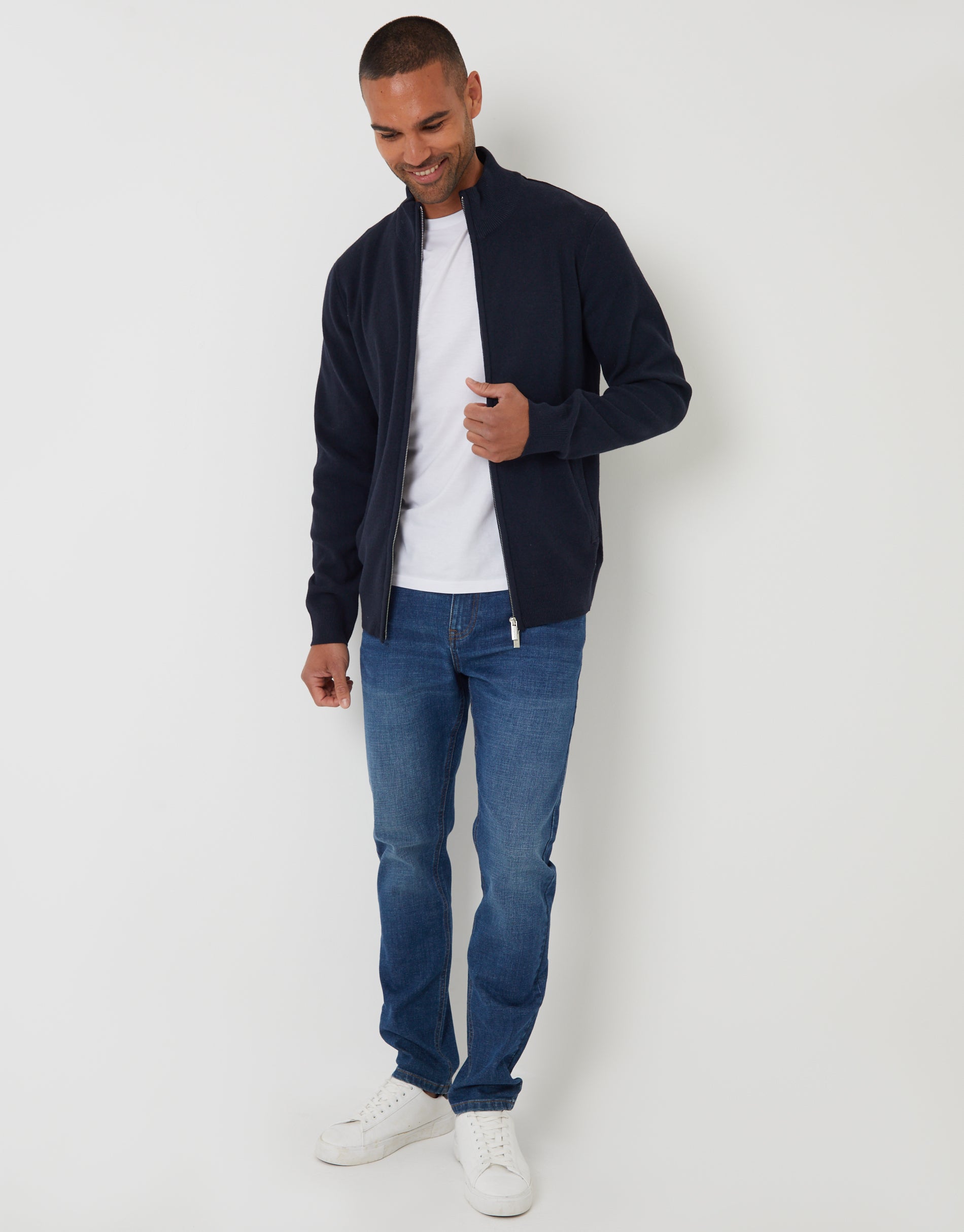 Threadbare Men's Navy Knitted Zip Up Funnel Neck Cardigan
