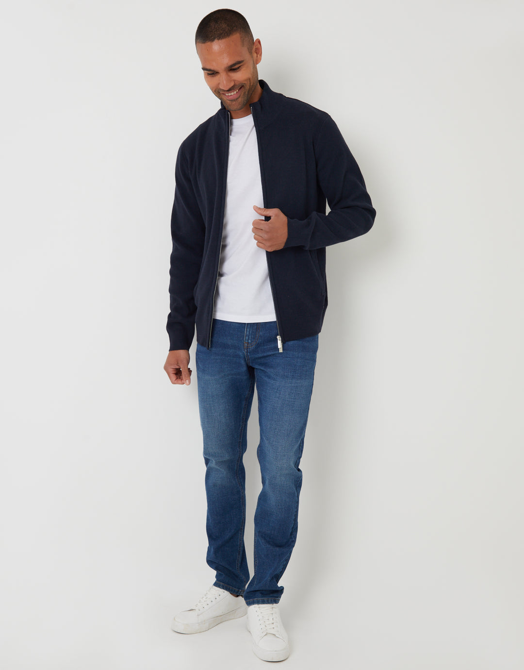 Navy Knitted Zip Up Funnel Neck Cardigan