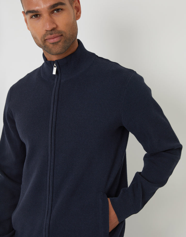 Navy Knitted Zip Up Funnel Neck Cardigan