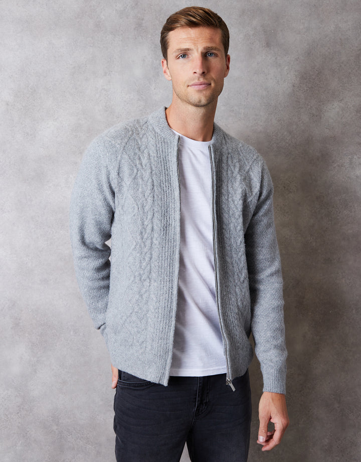 Grey Bomber-Style Cable Knit Zip Through Cardigan