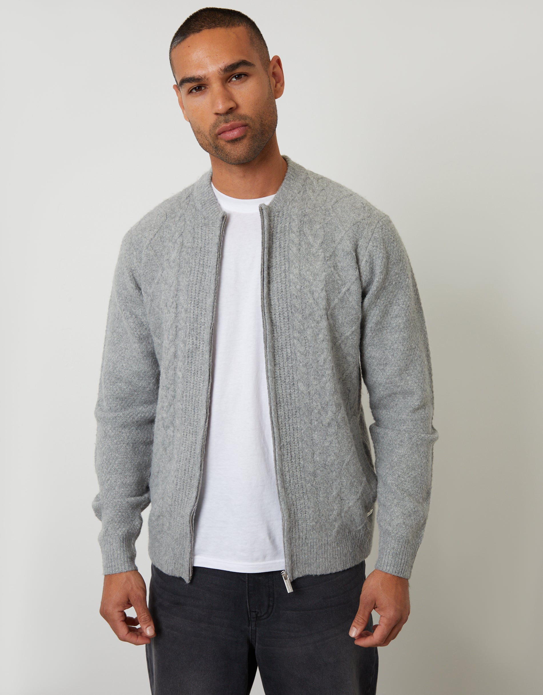 Threadbare Men's Grey Bomber-Style Cable Knit Zip Through Cardigan