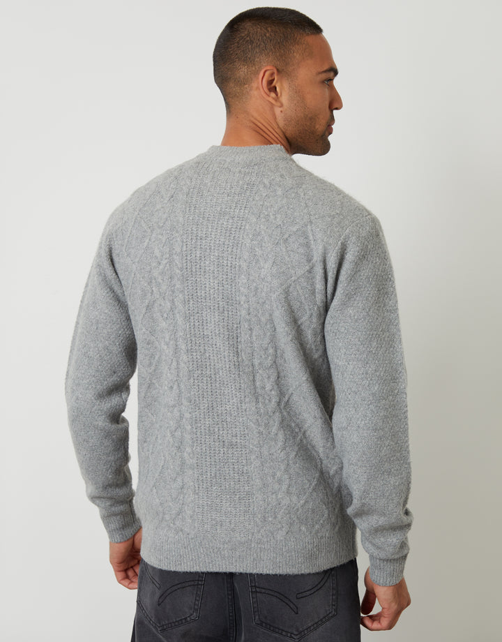 Grey Bomber-Style Cable Knit Zip Through Cardigan