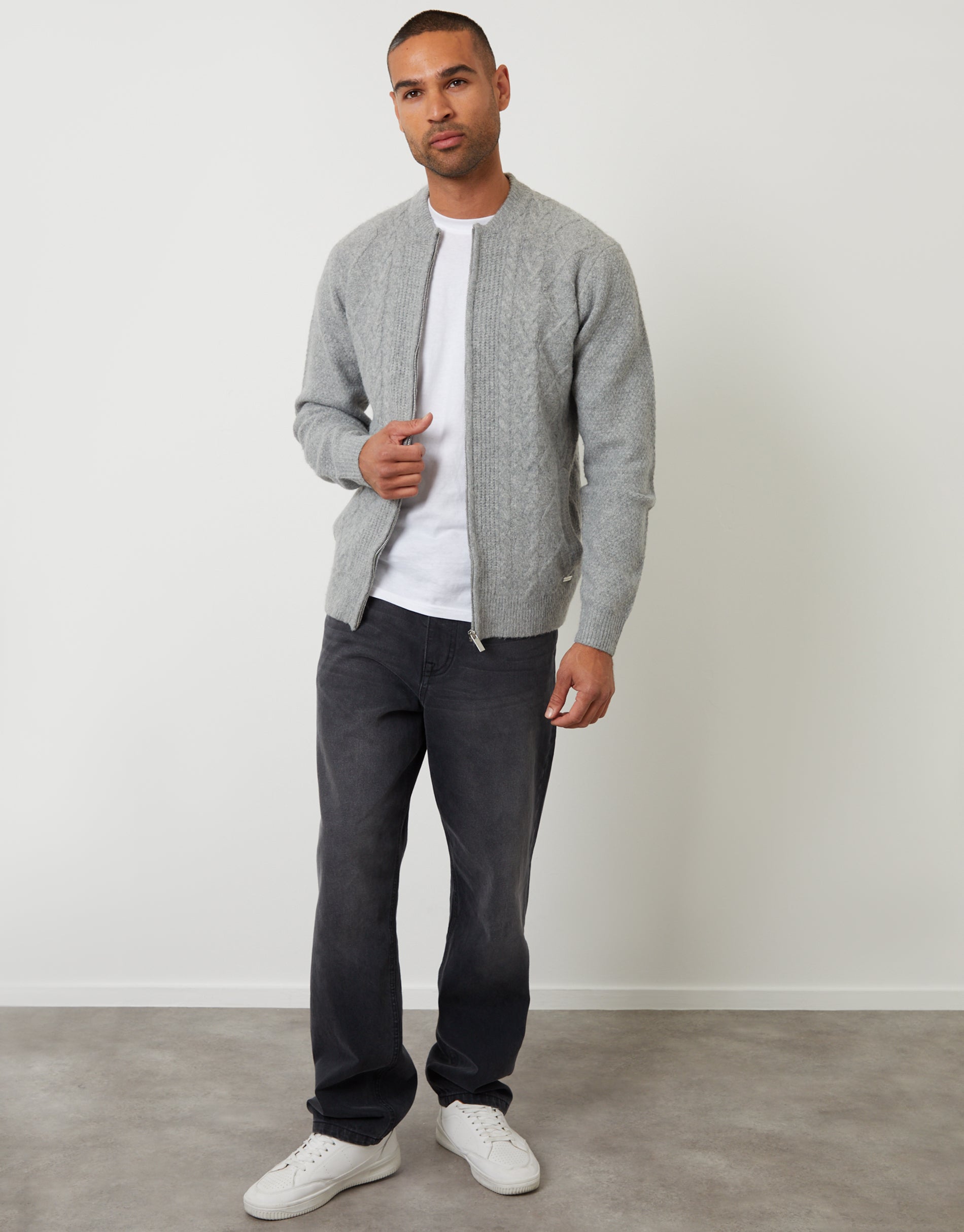 Threadbare Men's Grey Bomber-Style Cable Knit Zip Through Cardigan