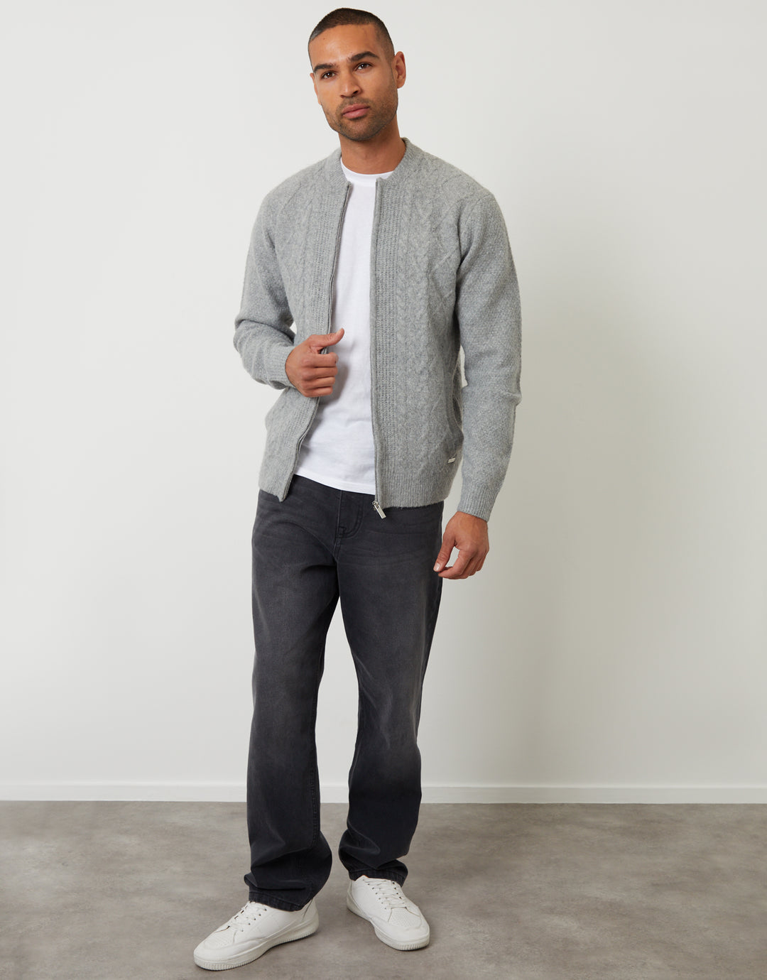 Grey Bomber-Style Cable Knit Zip Through Cardigan