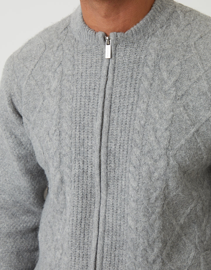 Grey Bomber-Style Cable Knit Zip Through Cardigan