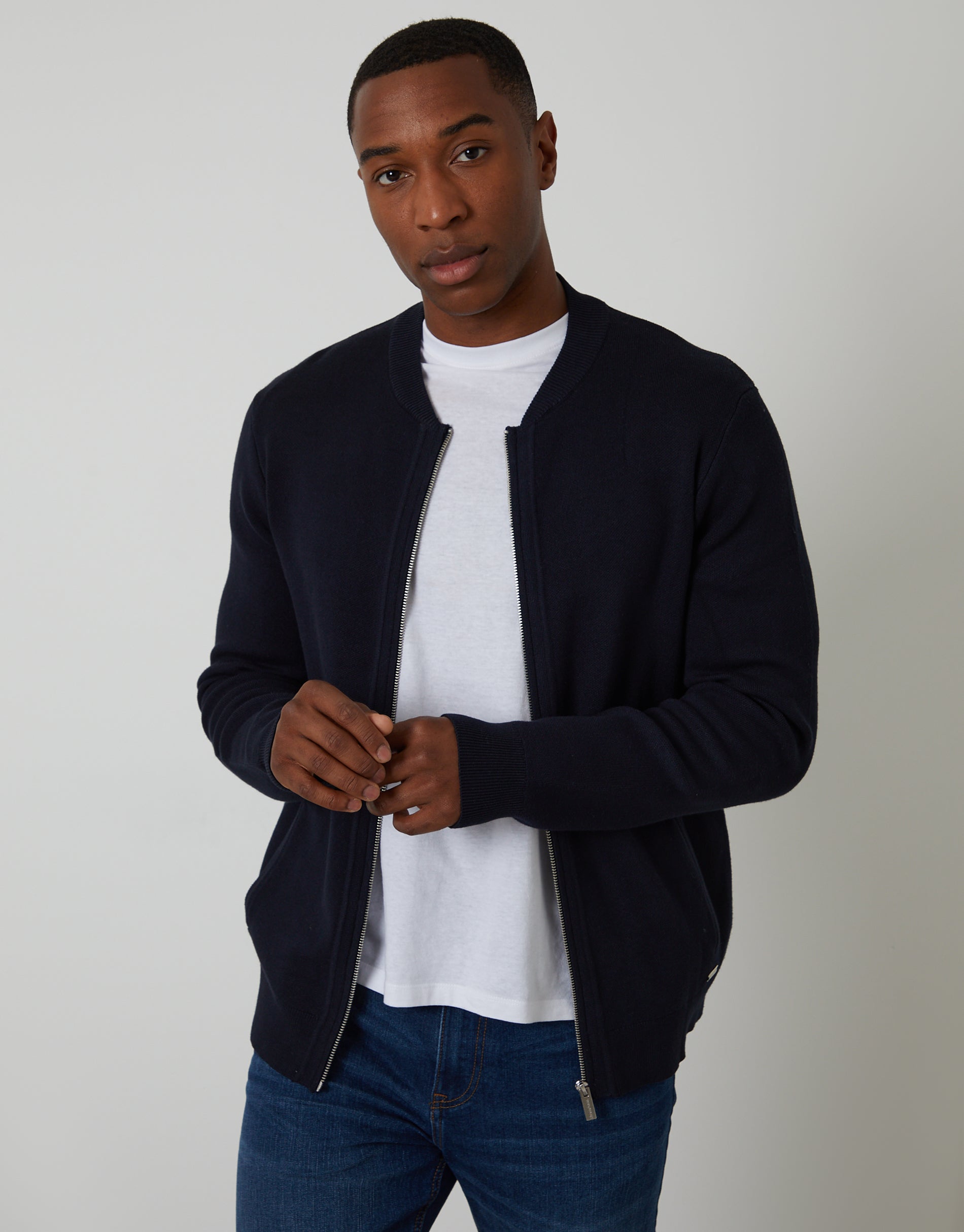 Bomber-Style Knitted Zip Through Cardigan in Navy