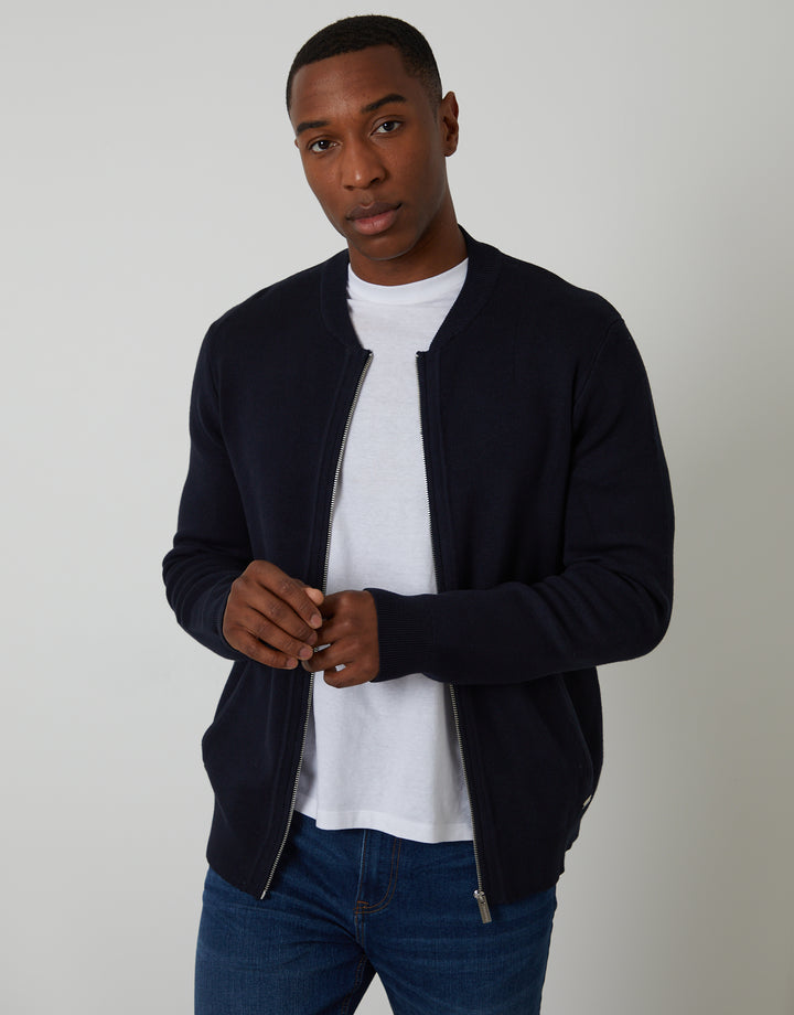 Navy Bomber-Style Knitted Zip Through Cardigan