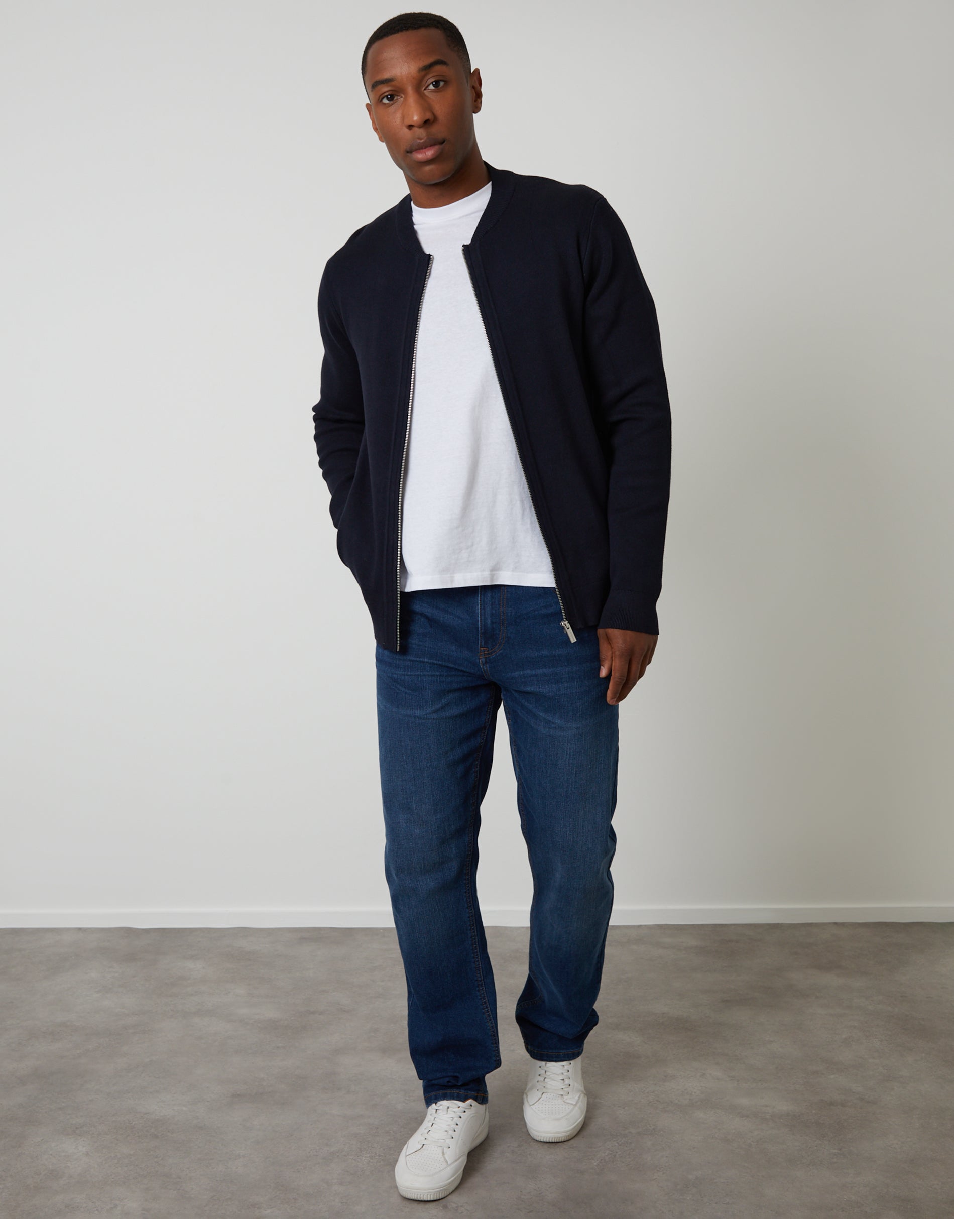 Threadbare Men's Navy Bomber-Style Knitted Zip Through Cardigan