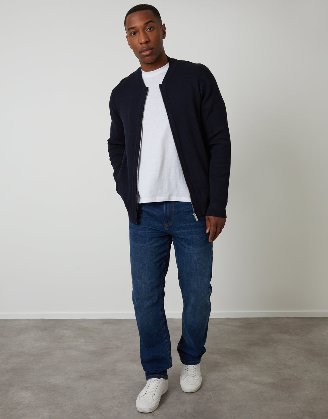 Navy Bomber-Style Knitted Zip Through Cardigan