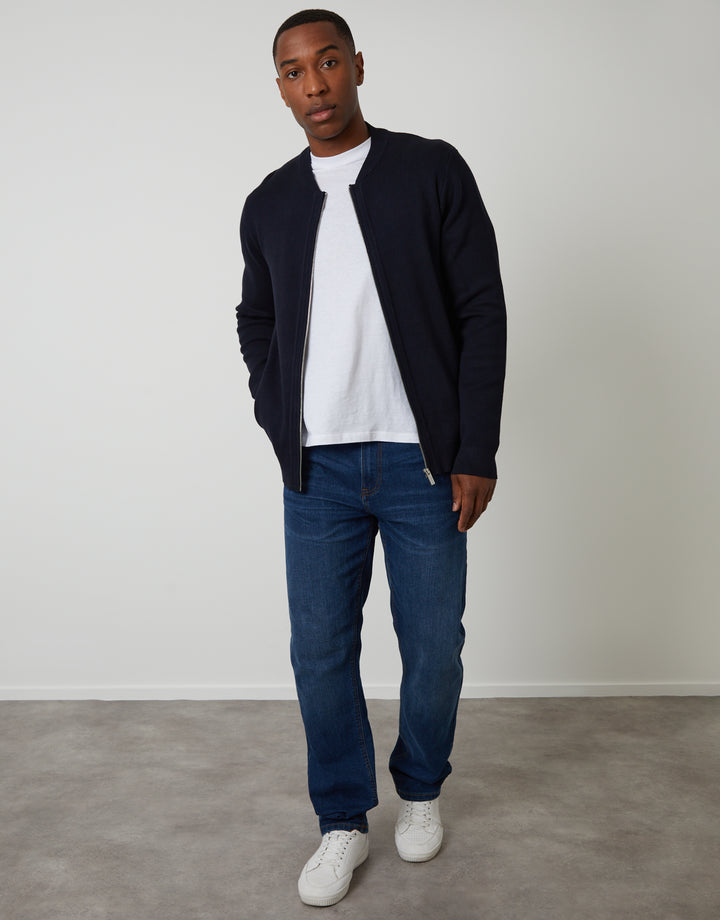 Navy Bomber-Style Knitted Zip Through Cardigan