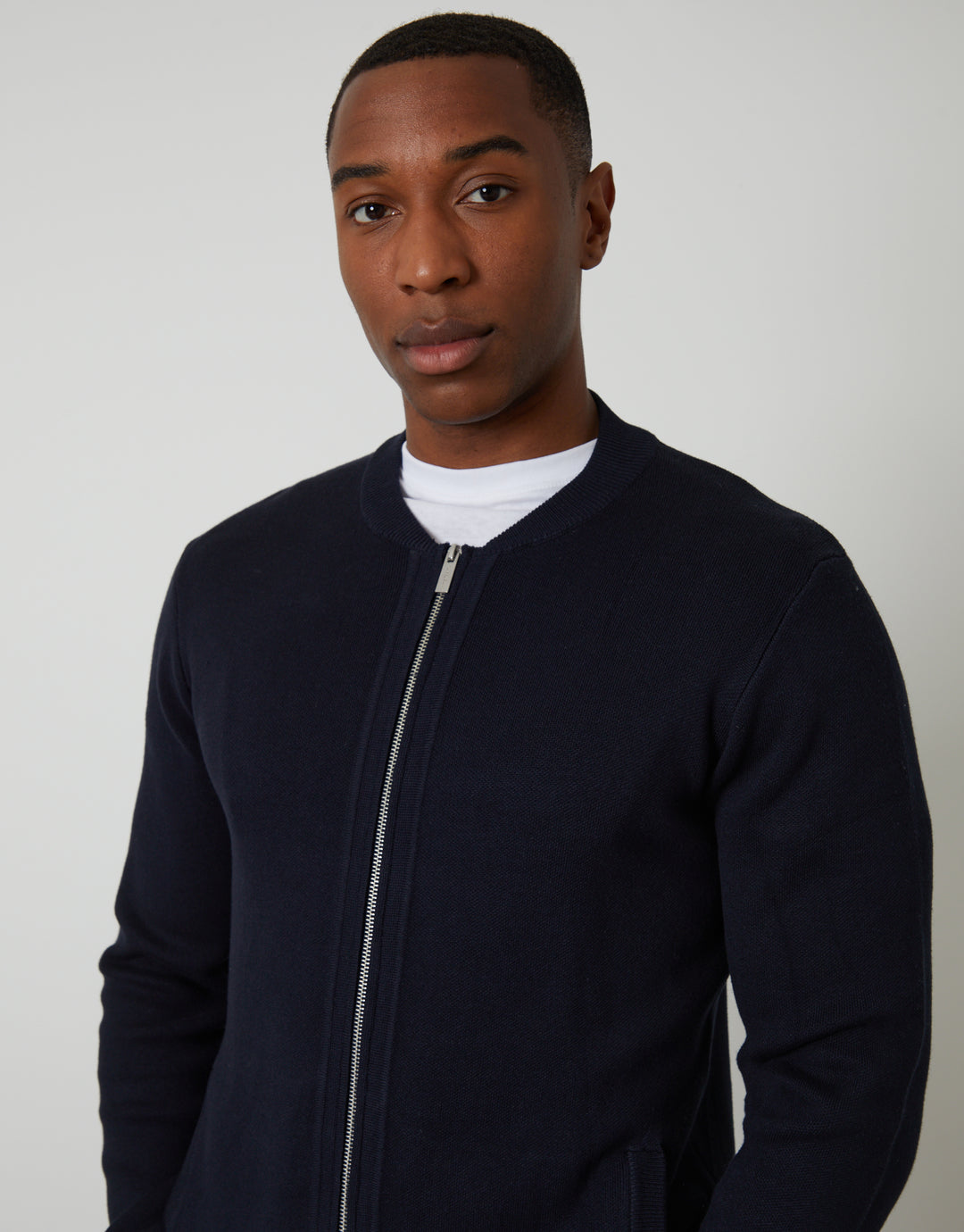Navy Bomber-Style Knitted Zip Through Cardigan
