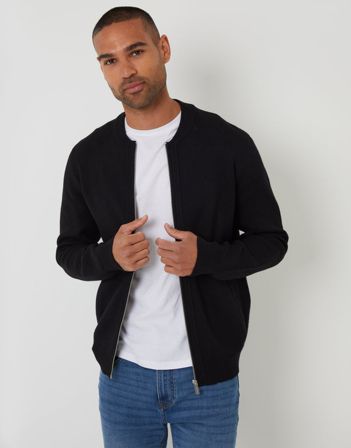 Black Bomber-Style Knitted Zip Through Cardigan