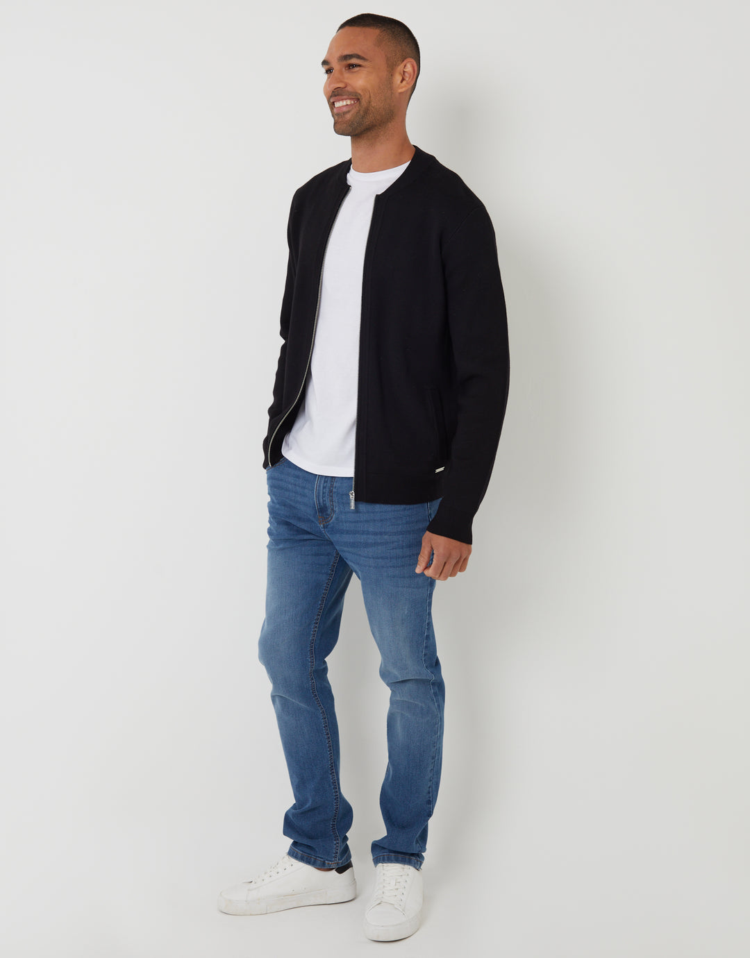 Black Bomber-Style Knitted Zip Through Cardigan