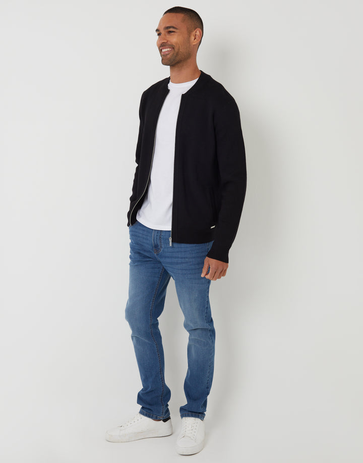 Black Bomber-Style Knitted Zip Through Cardigan