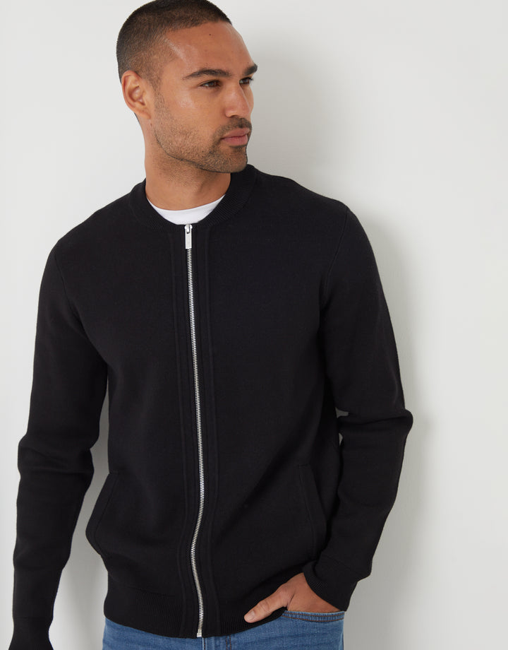 Black Bomber-Style Knitted Zip Through Cardigan