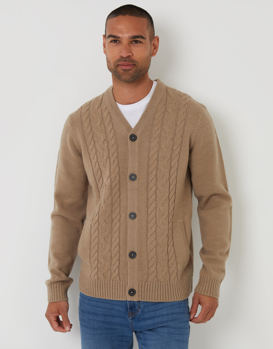 Taupe Cable Knit Detail V-Neck Cardigan
