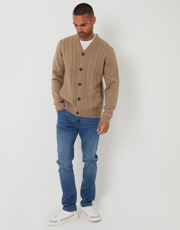 Taupe Cable Knit Detail V-Neck Cardigan