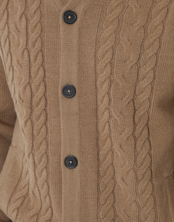 Taupe Cable Knit Detail V-Neck Cardigan