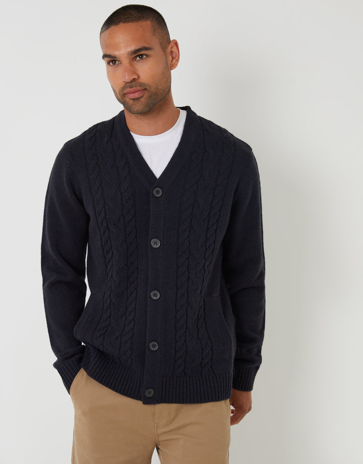 Navy Cable Knit Detail V-Neck Cardigan
