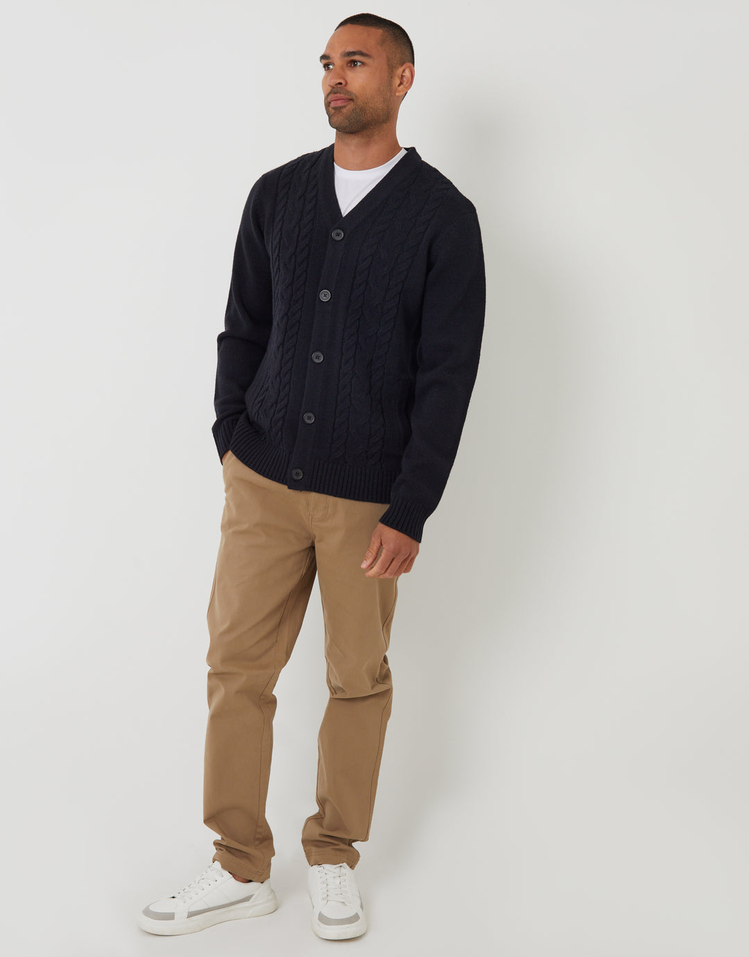 Navy Cable Knit Detail V-Neck Cardigan